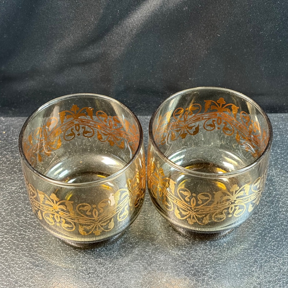 Libbey Vintage Rocks Glasses Smoky Amber Gold Filigree MCM Barware Set of 2